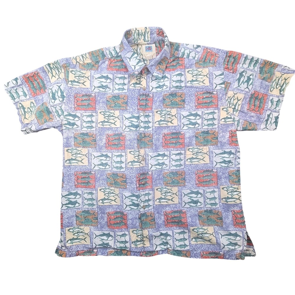Kahala AVI Collection Mens XL Hawaiian Shirt Fish Shark Print Cotton Hawaii Made